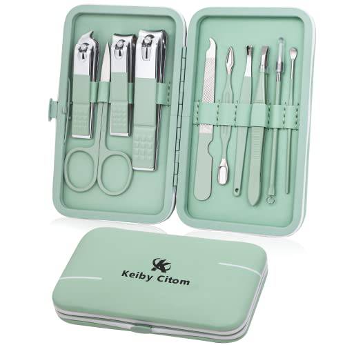 Manicure Set, Travel Nail Clippers Kit Pedicure Care Tools, 10pcs Stainless Steel Grooming kit (Green)