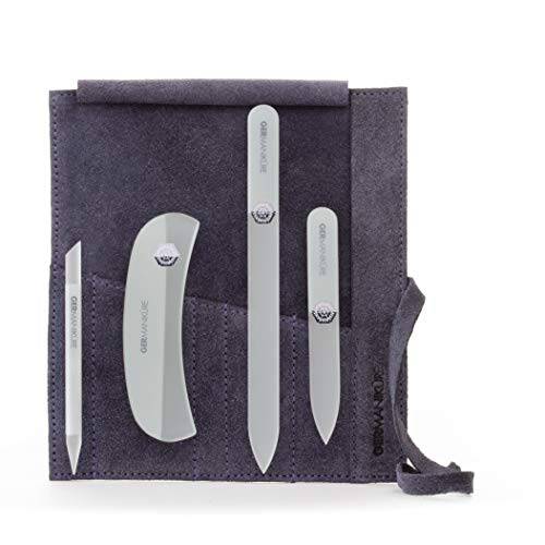 GERMANIKURE Crystal Glass Nail File Set in Purple Suede Case – Handmade in Czech Republic – Professional Manicure & Pedicure Supplies – Glass Cuticle Stick, Pusher, Moon File