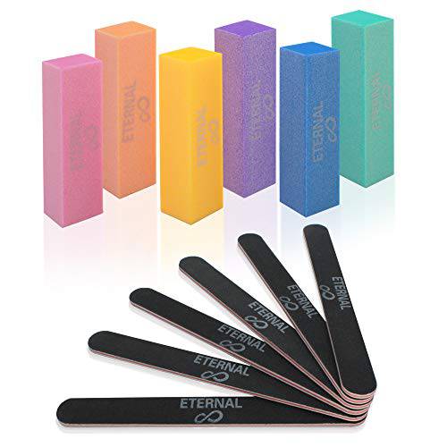 Eternal Cosmetics Kit of 6 Nail Files and 6 Buffer Blocks for Manicure and Pedicure – Professional Set of Nail Care, Sanding Tools and Sponges for Natural, Gel or Acrylic Nails