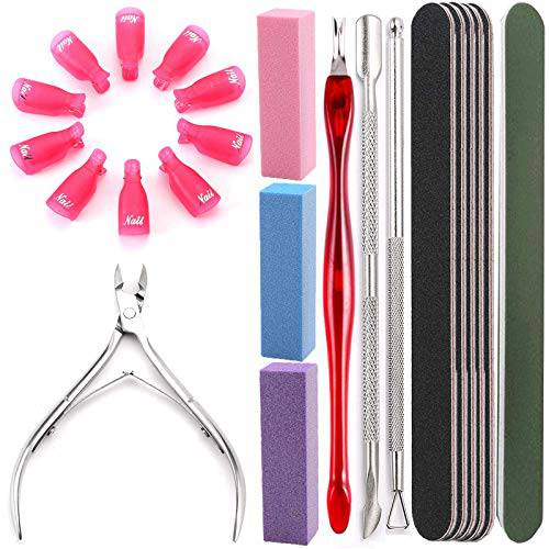 Cuticle Pusher and Cutter Remover - Borogo 23Pcs Double Sided Nail File, Rectangular Nail Buffer, Come with Cuticle Nipper Pedicure Cleaner Tool For Fingernail and Toenail