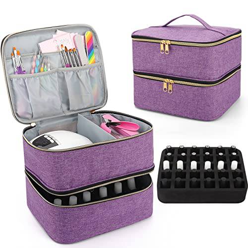 Nail Polish Carrying Case, Detachable Double Layers Nail Polish Storage Organizer Bag, Holds 30 Bottles Gel Nail Polish and 1 Led Nail Lamp, Travel Makeup Bag for Nail Art Tools & Manicure Accessorie