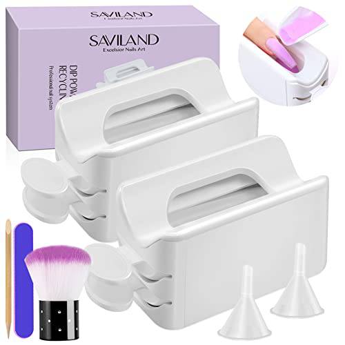 Saviland 2 PCS Dip Powder Recycling Tray System - Portable Dip Powder Tray Manicure Kit with Scoops, Nail Art Dust Remover Brush, Nail File & Wooden Stick for Professional Home DIY