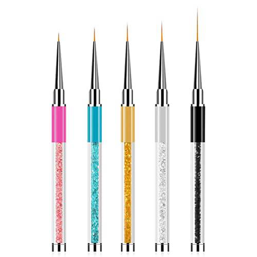 Sularpek 5 Pcs Nail Art Liner Brushes, Professional UV Gel Painting Nail Art Design Brush Pen, Nail Art Design Brush Pen Set，Rhinestone Handle Nail Dotting Drawing Pen