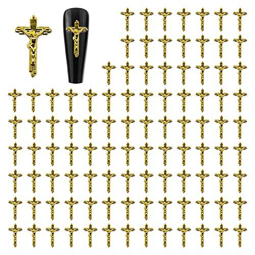 WOKOTO 100pcs 3D Gold Crucifix Nail Charms For Nail Art 3d Cross Nail Charms Metal Gold Nail Charms Metal Decorations For Nail Art DIY Accessories For Women Nails Nail Jewels For Acrylic Nails
