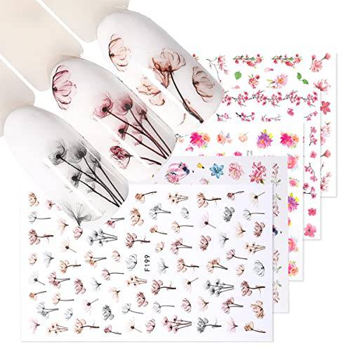3D Flower Nail Stickers 6PCS Colorful Cheery Blossoms Nail Art Stickers Decals Summer Nails Art Decoration Spring Flowers Leaves Design Nail Transfer Decals Sliders for Acrylic Nails DIY Manicure Tips