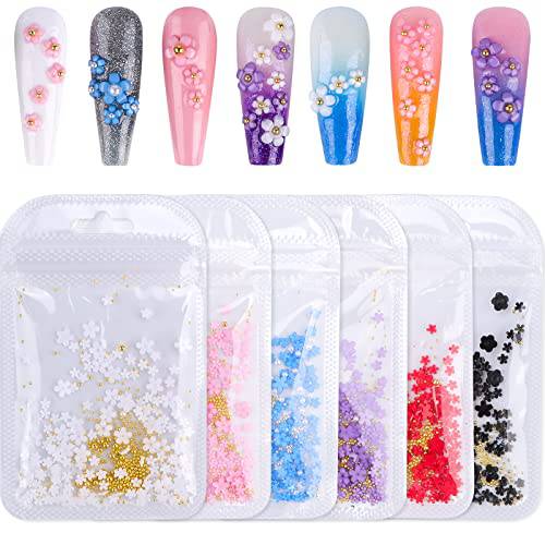 Kalolary 3D Colorful Flower Nail Charms with Silver Pearl Caviar Beads for Acrylic Nail Rhinestone Decorations, Acrylic Flowers Nail Art Stud Decorations for Women Girls(6 Bags)