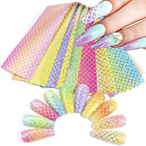 Fish Scales Nail Art Foils Colorful Nail Foil Transfer Stickers Decals Holographic Laser Line Mermaid Nail Art Design for Women Girls Manicure Tips Decorations Bright Colors Nail Art Film (10 Sheets）