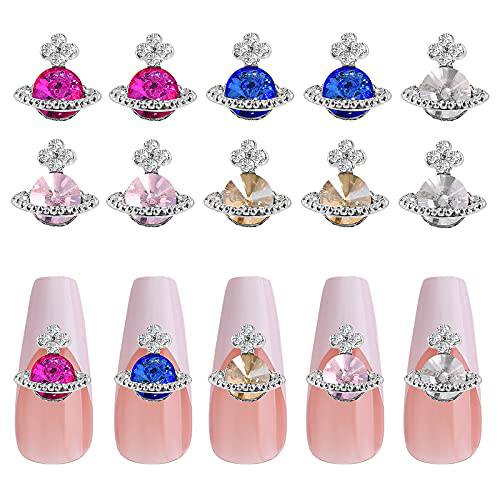 Molain 10 Pieces Nail Art Planet Crystal, 3D Charms Nail Art Saturn Shape Decoration, DIY Crafts Acrylic Nail Art Accessories for Women and Girls (Silver, pink, rose red, yellow, blue)