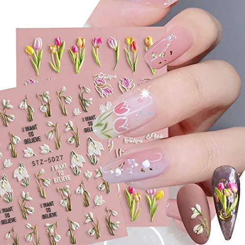 Flower Nail Art Stickers Decals 5D Stereoscopic Embossed Flowers Nail Stickers Spring Self-Adhesive Nail Art Supplies White Floral Acrylic Engraved Decals Sliders for Summer Nail Art Decorations, 3PCS