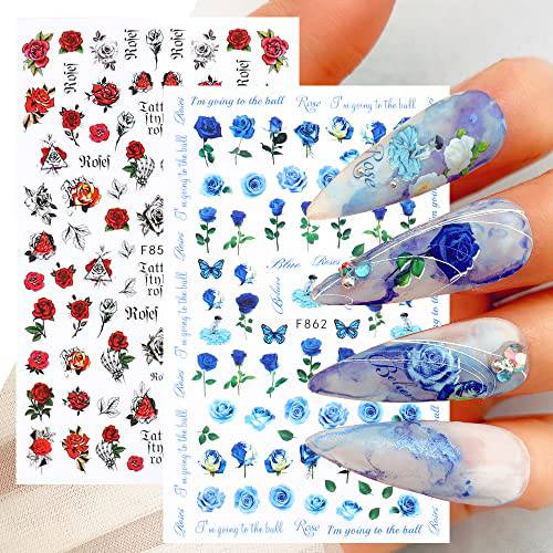 10 Sheets Red Rose Nail Art Stickers Decals Self-Adhesive Red Blue White Yellow Pink Rose Design Manicure Tips Nail Decoration for Women Girls
