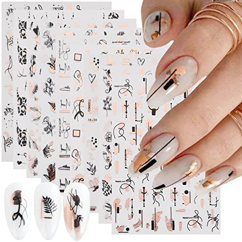9 Sheets Gold Nail Art Stickers,Rose Gold Abstract Line 3D Self-Adhesive Nail Decals Bronzing Leopard Print Graffiti Fun Geometry Leaves Flower Sliders for Nail French Manicure Decoration Nail Design