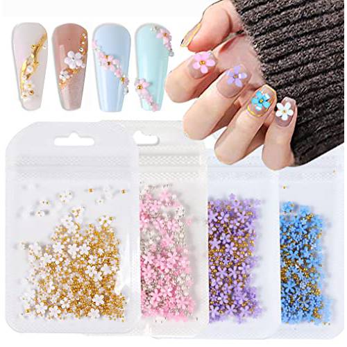 3D Flower Nail Charms for Acrylic Nails, with Gold Silver Beads and Nail Pearls for Nail Art, Resin Flowers Nail Design for Women DIY Decoration Nail Craft Accessories.