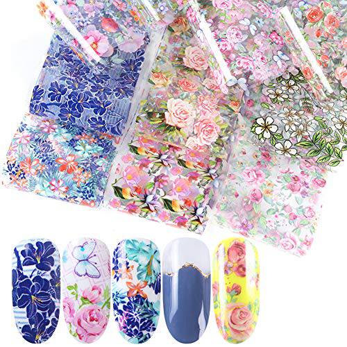 Flowers Nail Art Transfer Foils for Nails Supply Foil Transfer Nail Art Stickers 10 Sheets Floral Nail Transfers Starry Sky Nail Decals for Women False Nail Designs Manicure Tips Wraps Charms