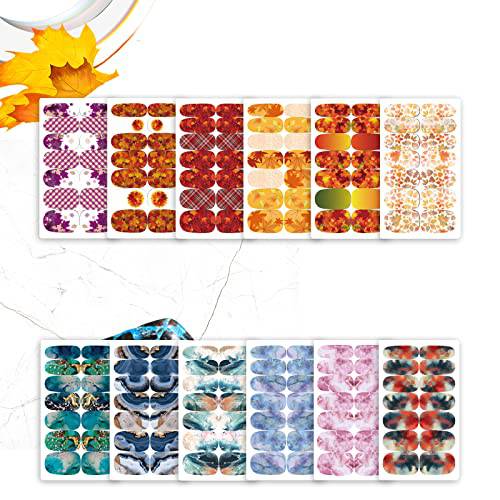 168 Pieces 12 Sheets Nail Stickers( Maple Leaf+Marble) Full Wraps Polish Stickers Decal Strips Self-Ashesive Nail Art Sets for Women Girls