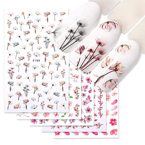 Flower Nail Art Stickers Decals 3D Floral Nail Sticker 6Sheets Colorful Cheery Blossoms Plants Adhesive Transfer Decals Spring Summer Nails Supply Manicure DIY Nail Art Decoration for Women Girls
