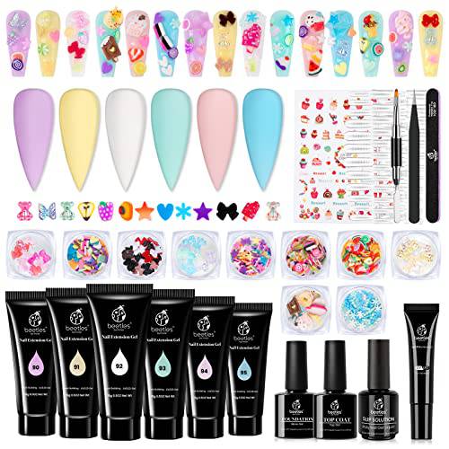 Beetles Poly Nail Extension Gel Kit, 6Pcs Builder Extension Gel with Slip Solution Kawaii Charms, Pastel Pink Milky White Blue Purple All In One Poly Nail Enhancement Kit Christmas Nail Gift for Women