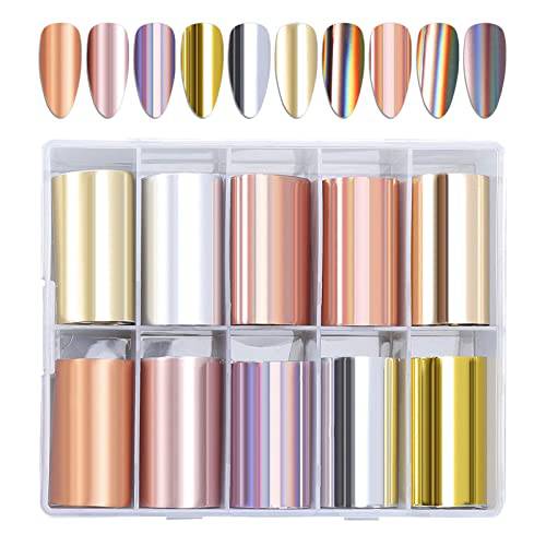 BOWINR 10 Rolls Metallic Nail Foils, Gold Nail Transfer Foils Sticker Holographic Effect Nail Art Wraps Decals Nails Supply Manicure Tips, Gold, Silver, Rose Gold