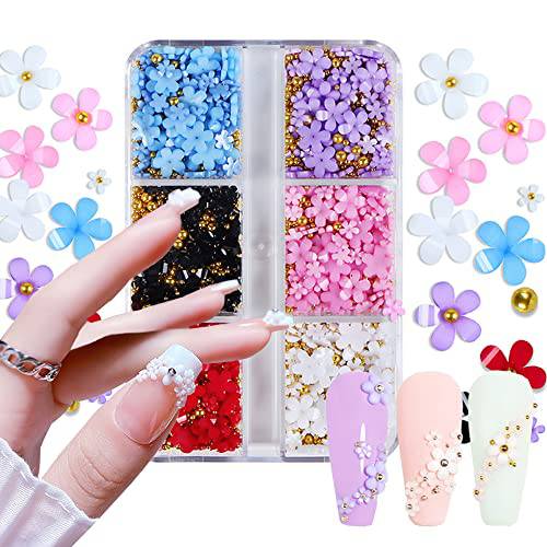 3D Flower Nail Charms and Metal Caviar Beads, Acrylic Resin Flowers Nail Art Decals Charms Nail Design Gold Silver Nail Ball Beads for DIY Decoration Nail Craft Manicures Salon Accessories
