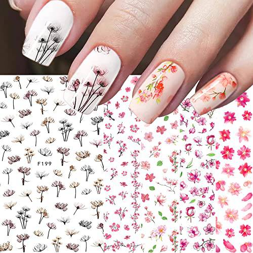 Flowers Nail Stickers, Spring Nail Decals 3D Self-Adhesive Cherry Blossom Floral Pink Spring Nail Design Manicure DIY Nail Art Decoration for Women Girls (8Sheets)