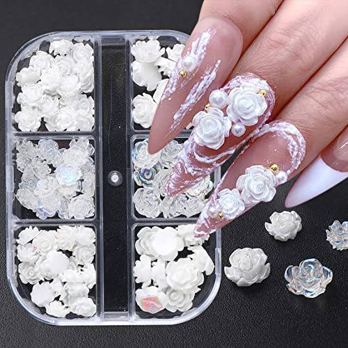 90Pcs White 3D Acrylic Flower Nail Charms 3D White Aurora Camellia Nail Art Jewelry Acrylic Resin Flowers Design Elegant Wedding Nail Charms for DIY Nail Decorations Accessories Rhinestone Decor