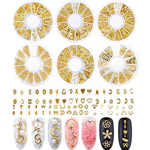 Nail Studs for Women 3D Nail Art Charms Accessories 6 Boxes Gold Metal Punk Star Moon Heart Triangle Square Rivet Gems Nail Art Jewels Decal for Girls Fingernails & Toenails Decorations Tips Manicure