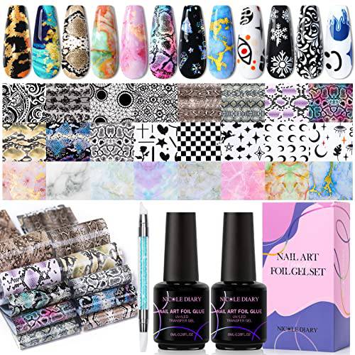 Nail Foil Transfer Stickers Kit - NICOLE DIARY 60 Sheet Nail Art Stickers Full Nail Wraps for DIY Manicure, Easter Day, Include Sculpture Pen, 2 Bottle Nail Art Foil Gel Glue