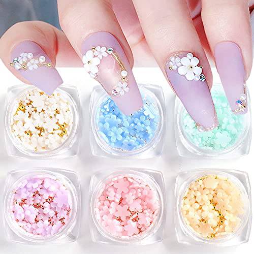 3D Flower Nail Art Charms 6 Boxes Light Change Nail Decals for Acrylic Nail Art Accessories with Pearl Golden Caviar Beads Glitter Nail Art Supplies Stud Design Jewelry Women DIY Decoration Tips