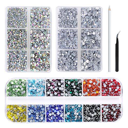 Nibiru 6000Pcs Hotfix Rhinestones Flat Back Gemstone Crystal Set with Clear and Clear AB 6 Sizes Crystal and 12 Mixed Color SS12 Rhinestones for DIY Manicure, Face Art Clothes Bags