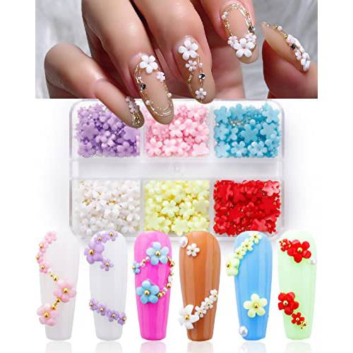 3D Flower Nail Charms and Silver/Gold Caviar Beads,6 Grids Acrylic Flowers Nail Design with Metal Nail Ball, Cherry Blossom Spring with Nail Stud, Nail Art Supplies for DIY Manicure Nail Decoration