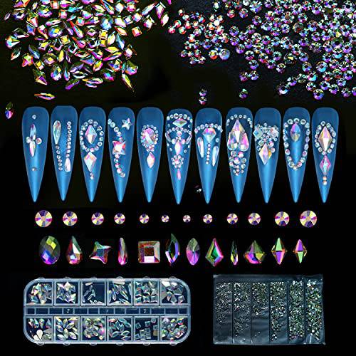 NyLeabon AB Crystal Rhinestones Set 1840PCS Nail Gems Art 9K Iridescent Glass Multi-Shaped Flat Back Shiny Jewels for DIY Craft Phones Case Bags Clothes Cup