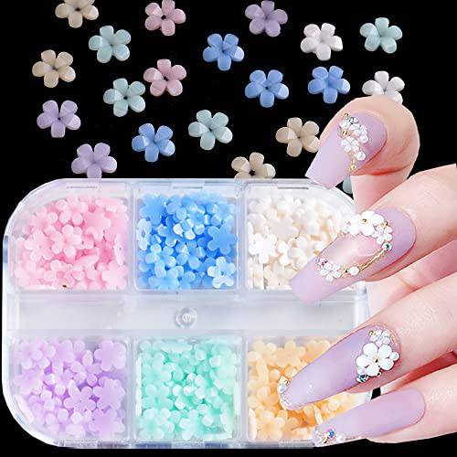 3D Flower Nail Art Charms, 6 Grids 3D Acrylic Nail Flowers Rhinestone Light Change Pink White Blue Cherry Blossom Acrylic Spring Nail Art Supplies with Pearls Manicure DIY Nail Decorations