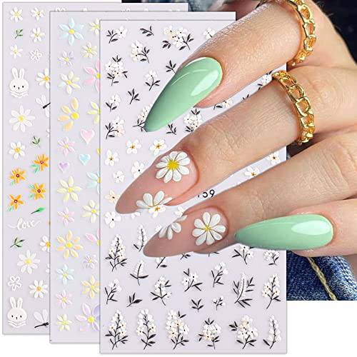 5D Embossed Daisy Flower Nail Art Stickers - Black White Floral Nail Decals 3D Self-Adhesive Nail Art Supplies Spring Blossom Leaf Bunny Nail Stickers for Women Acrylic Nails Art Decorations, 3Sheets