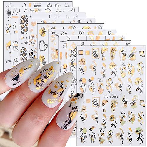 Gold Nail Art Stickers Decals, 3D Bronzing Exquisite Pattern Nail Art Supplies Luxury Self-Adhesive Graffiti Fun Leopard Print Botanical Abstract Line Design DIY Acrylic Nail Art Decoration 9 Sheets