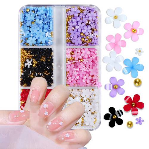 3D Flower Nail Charms, 6 Grids Colorful Flower 3D Nail Rhinestone Kit for Acrylic Nails White Black Pink Cherry Blossom Crystal Nail Art Stud with Pearls Manicure Tips DIY Nail Decorations
