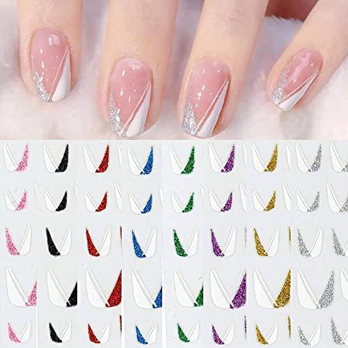 French Nail Art Sticker, 3D Self-Adhesive French Nail Decals Tips V Shape Nail Guides for Manicure DIY Nail Decoration (8Sheets)