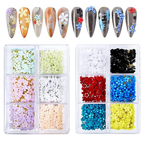 Freeorr 2 Boxes Flower Nail Charms and Metal Caviar Beads, Light Change Acrylic Resin Flowers Nail Design 3D Nail Decals For Nail Art Craft Supplies DIY Decoration Accessories
