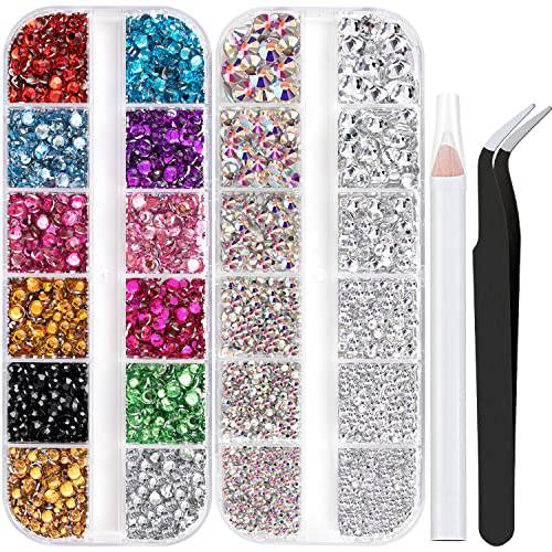 Two Packs of Flatback Rhinestones 4520 Pcs Colorful Nail Art Rhinestones Flatback Crystal Colorful+AB+Transparent White Rhinestone with Picker Pencil and Tweezer For Nail Art and Decoration
