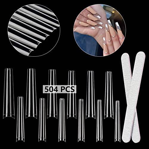 504Pcs Long Clear Coffin Nails Tips, XXL Extra Long No C Curve Half Cover Coffin Nail Tips for Acrylic Nails Professional, Acrylic Nail Tips Fake Nails for Salons and DIY Nail Art with 2 Nail Files