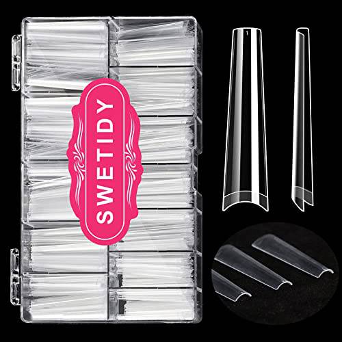 No C Curve 3XL Long Coffin Nail Tips, 420pcs Clear Acrylic Nails Coffin Shape Nail Tips SWETIDY Flattened Half Cover False Nails for Salon&Home DIY French ABS Nail Art Tips,12 Sizes