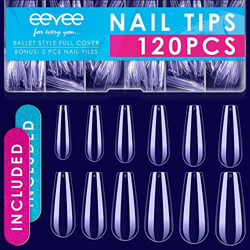120 PCs Clear Fake Acrylic Nails Tips - False Coffin Press on Nails - Acrylic Full Cover Coffin Nail Tips - Tips For Acrylic Nails Set - Long Nails Tips Glue on - Fake Clear Coffin Press On Nails