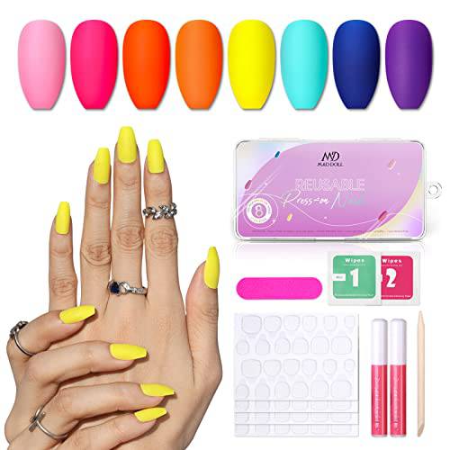 Press On Nails Neon Colors - 192 Pcs Short Coffin Acrylic Solid Fake Nails Glue On False Nails Kit for Women, 8 Solid Colors, Include Prep Pad, Tube Glue, Mini File, Cuticle Sticker and Adhesive Sticker