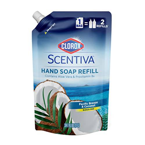 Clorox Scentiva Liquid Hand Soap Refill 34 oz Liquid Hand Wash with Vitamin B5 BleachFree Scented Hand Soap Refill for Kitchen or Bathroom, Pacific Breeze & Coconut, Aloe Vera, 1 Count
