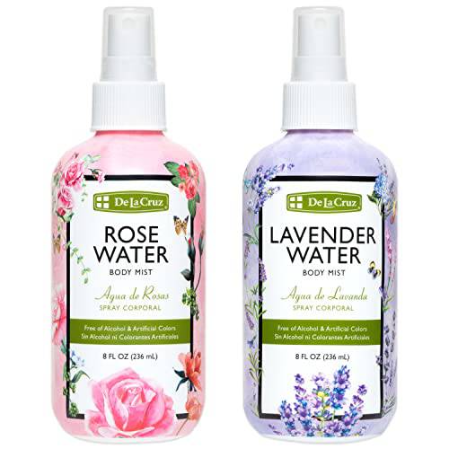 De La Cruz Rose Water and Lavender Water Body Mist Bundle - Spray for Skin and Hair 8 fl oz - Made in USA
