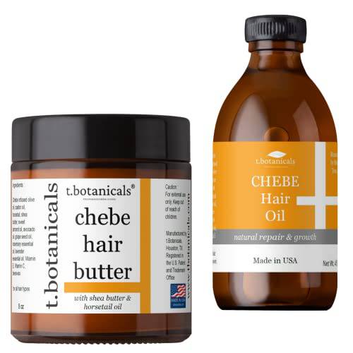 t.botanicals Chebe Oil and Butter Set for Hair Growth Organic from Chad Africa, Set of 4 oz Chebe Oil and 8 oz Chebe Butter with Horsetail (Unscented)