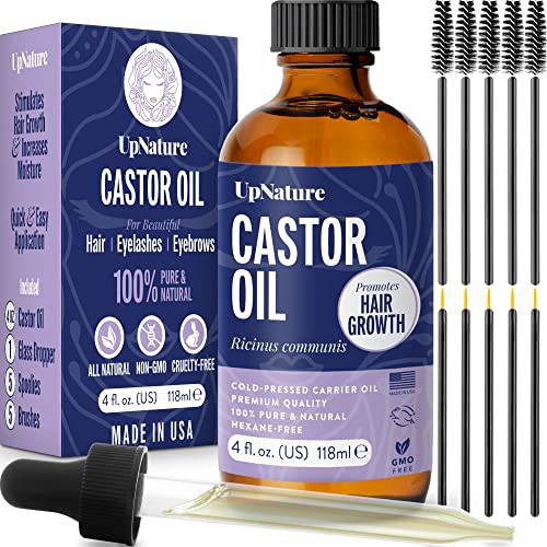 Castor Oil 4oz- 100% Pure Castor Oil for Hair, Eyelashes & Eyebrows- Cold Pressed, Hexane Free, Made in USA- Stimulate Hair Growth & Moisturize Skin/ Scalp-12pc Hair Treatment Kit w Spoolies & Dropper
