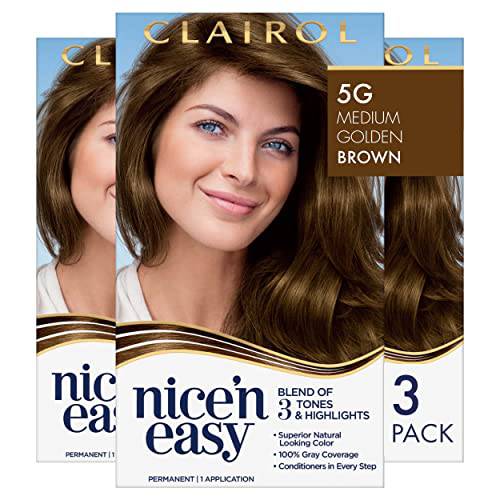 Clairol Nice’n Easy Permanent Hair Dye, 5G Medium Golden Brown Hair Color, Pack of 3