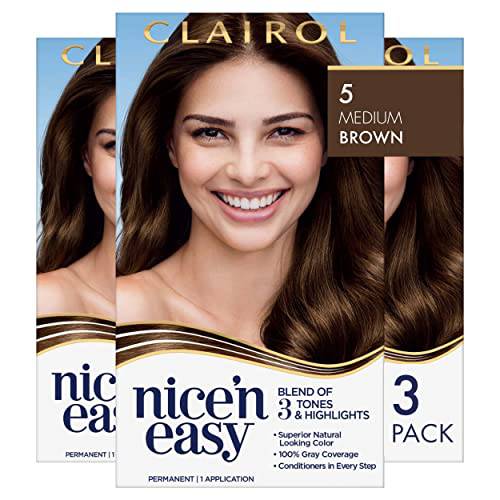 Clairol Nice’n Easy Permanent Hair Dye, 5 Medium Brown Hair Color, Pack of 3