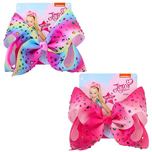 2Pcs Jojo Siwa Style Bows, 8 Inches Large Rhinestones Bows Gift for Girls,Jumbo Jojo Bows Hair Accessories（Hot Pink & Rainbow)