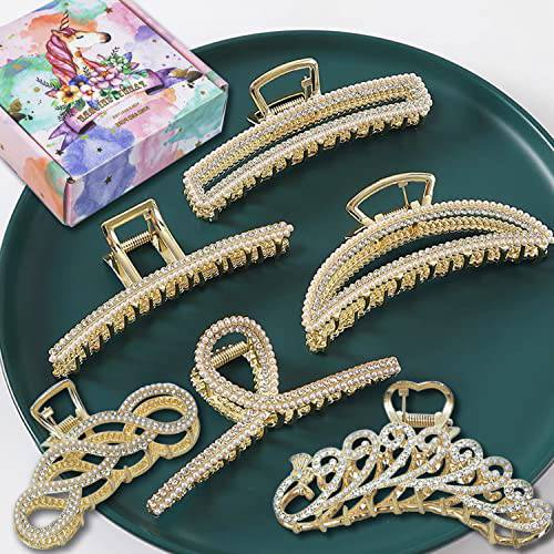 6 Pcs Large Metal Hair Claw Clips,Claw Clips with Pearl and rhinestone,4.3 Hair Clips for Women & Girls ,6 Styles Strong Hold Metal Claw Hair Clips for Women Thick Hair & Thin Hair,Non-Slip/Rust Claw