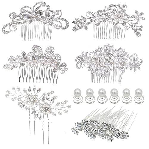 inSowni 32 Pack Silver Wedding Hair Side Combs+U-shaped & Twist Bridal Hair Pins Pieces Accessories Rhinestone Pearls for Women Girls Brides Bridesmaids